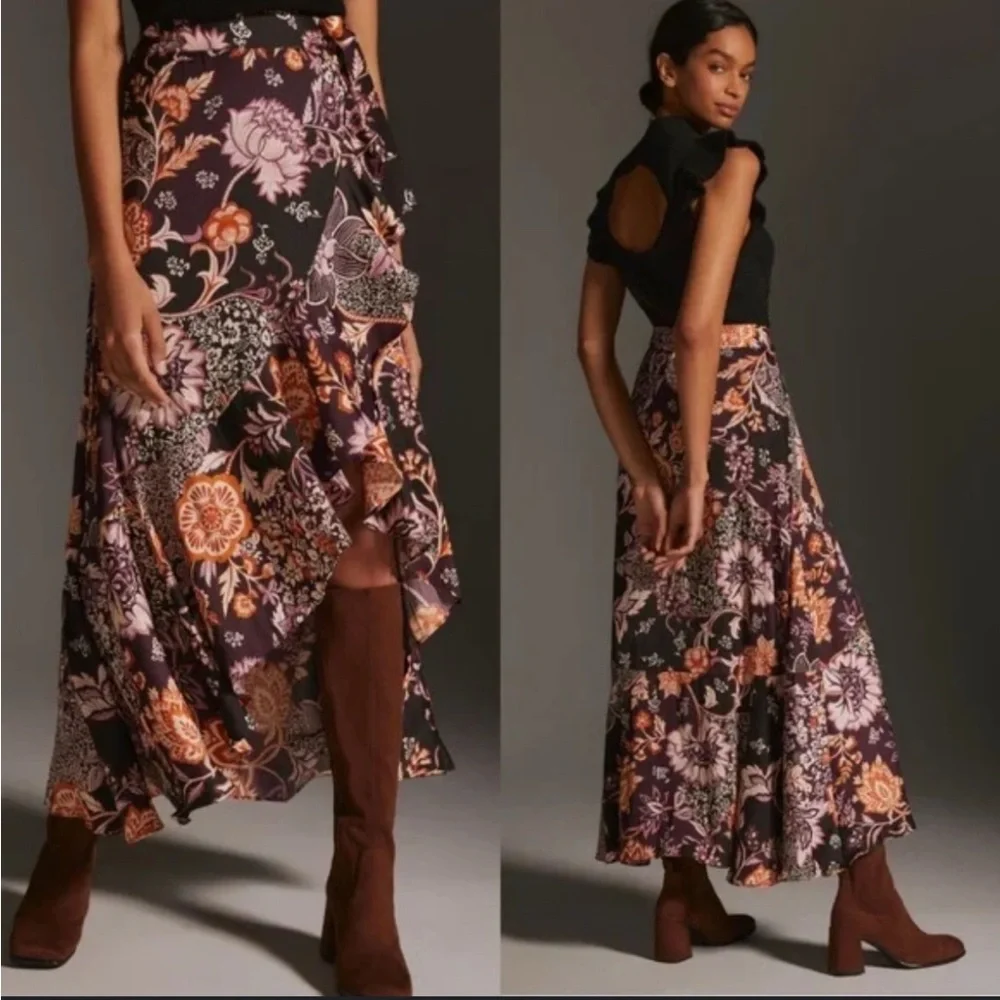 Maeve By Anthropologie Plum Floral Hi-Lo Maxi Boho Gypsy Wrap Skirt Size Small